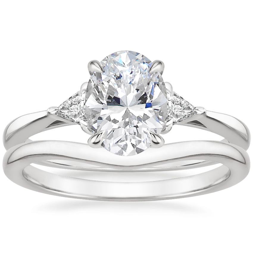 18K White Gold Trillion Three Stone Diamond Ring with Petite Curved Wedding Ring